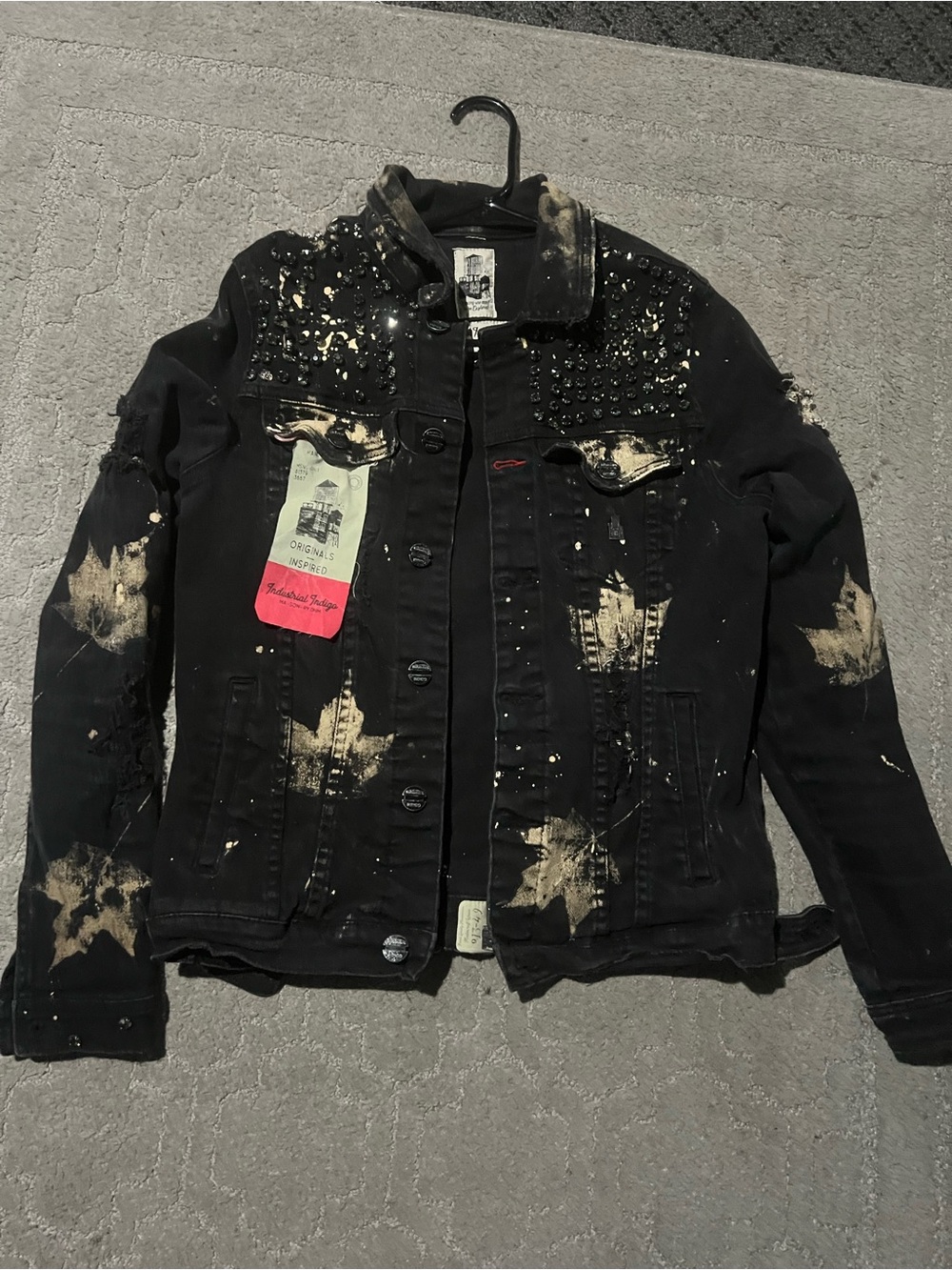 Custom 1 of 1 Sz medium Studded Black Denim Jacket with Bleach Wash